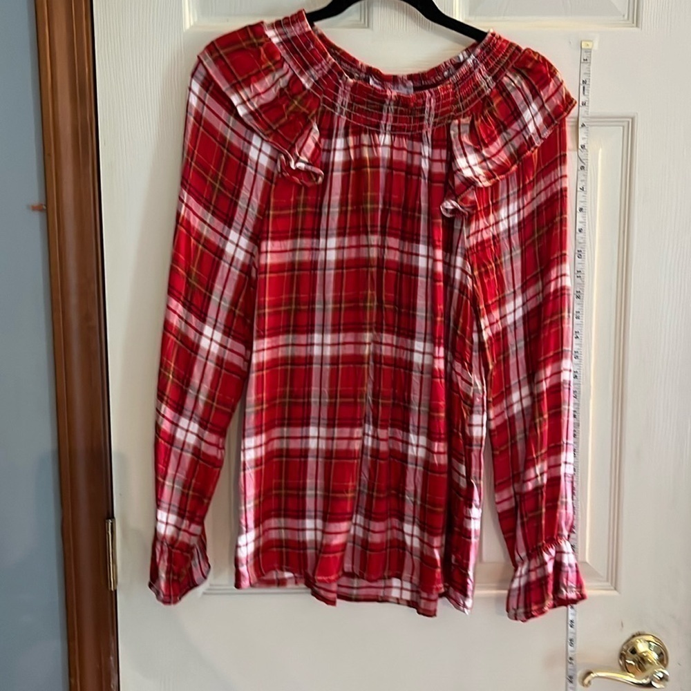 NWT-inner circle-S-red plaid-long sleeve, elastic neckline &sleeves shirt/blouse